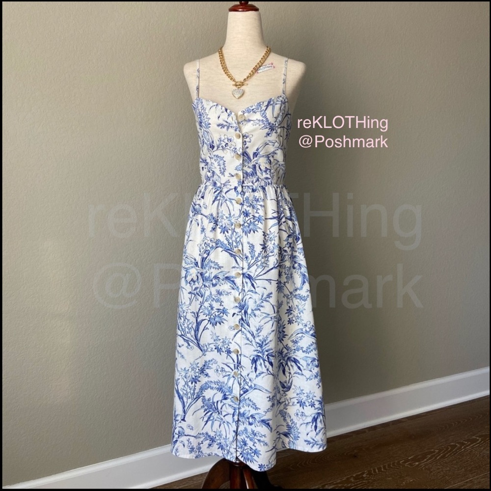 Floral Linen Cotton Blend Midi - NWT H&M DRESS cream/blue